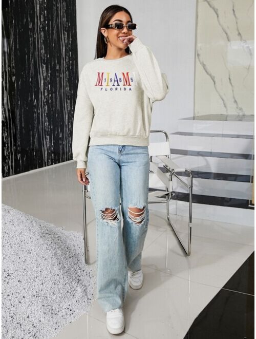 SHEIN EZwear Letter Embroidery Marled Knit Drop Shoulder Pullover