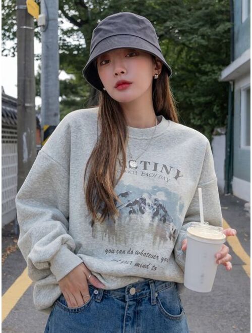 DAZY Mountain Slogan Graphic Drop Shoulder Thermal Pullover