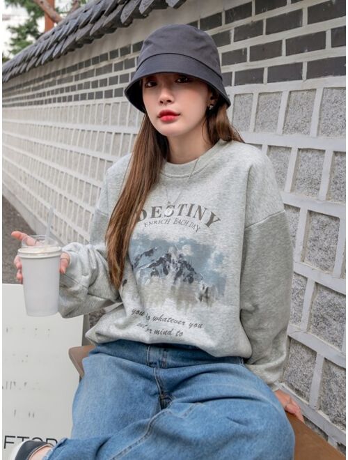 DAZY Mountain Slogan Graphic Drop Shoulder Thermal Pullover