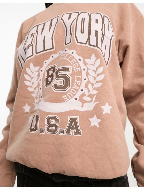 Miss Selfridge New York graphic print sweatshirt in vintage washed mocha