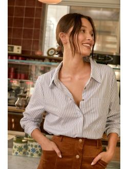 Refined Aesthetic Blue and White Striped Button-Up Top