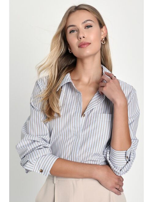 Lulus Refined Aesthetic Blue and White Striped Button-Up Top