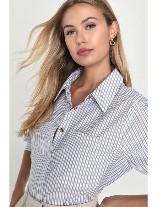 Lulus Refined Aesthetic Blue and White Striped Button-Up Top