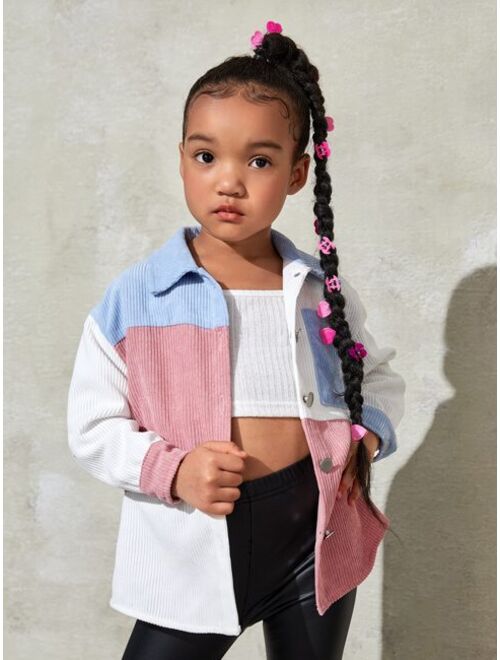 SHEIN Kids Cooltwn Toddler Girls Color Block Patched Pocket Corduroy Shirt