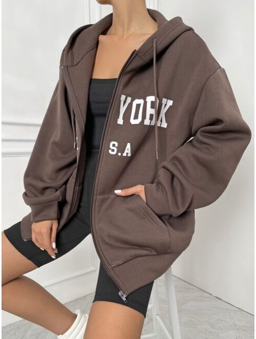 SHEIN EZwear Letter Graphic Zip Up Drop Shoulder Drawstring Thermal Hoodie
