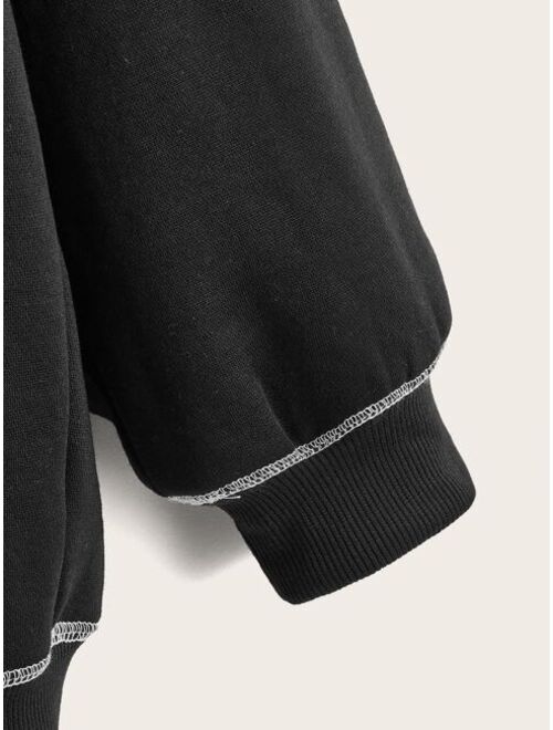 SHEIN EZwear Drop Shoulder Contrast Stitch Zipper Up Hoodie