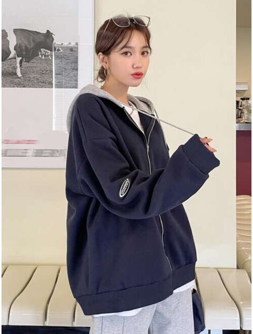 DAZY Colorblock Drop Shoulder Drawstring Zipper Thermal Hoodie Without Tee