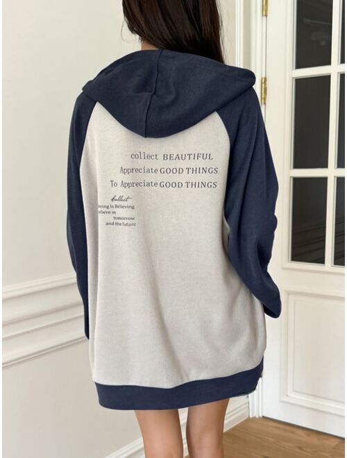 DAZY Slogan Graphic Colorblock Raglan Sleeve Zip Up Drawstring Hoodie