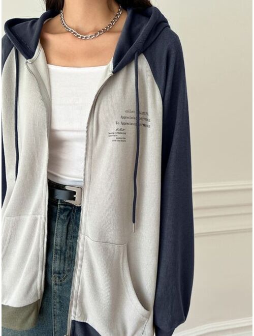 DAZY Slogan Graphic Colorblock Raglan Sleeve Zip Up Drawstring Hoodie