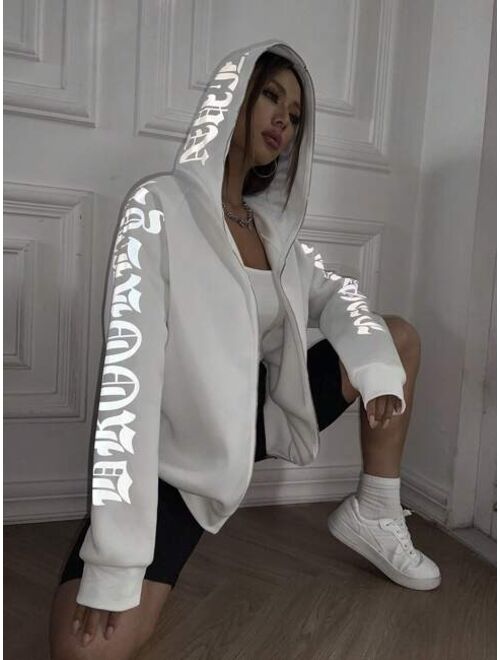 SHEIN Coolane Reflective Letter Graphic Zip Up Hoodie