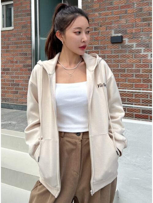 DAZY Letter Graphic Drop Shoulder Drawstring Zipper Thermal Hoodie