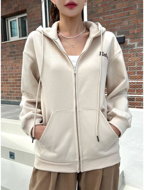 DAZY Letter Graphic Drop Shoulder Drawstring Zipper Thermal Hoodie