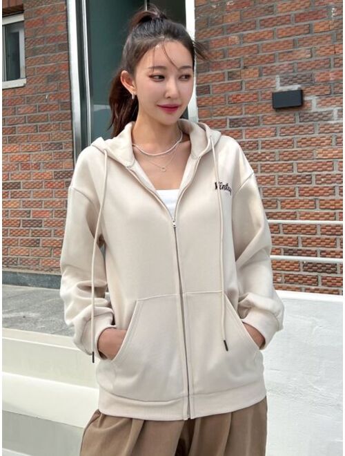 DAZY Letter Graphic Drop Shoulder Drawstring Zipper Thermal Hoodie