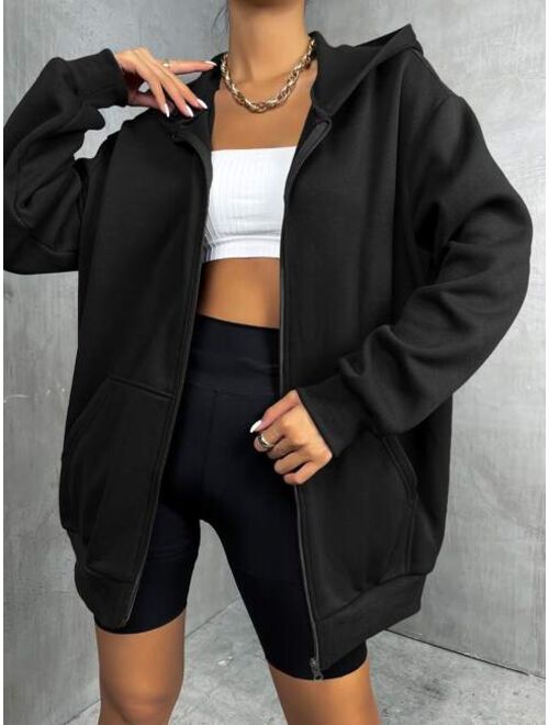 SHEIN EZwear Solid Drop Shoulder Zip Up Thermal Hoodie