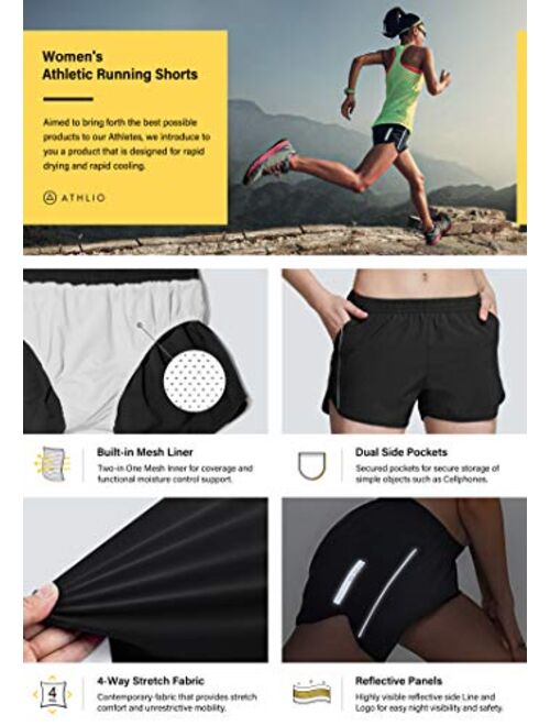 ATHLIO 2 Pack Women's Running Shorts with Pockets, Dry Fit Exercise Workout Shorts, Jogging Sports Athletic Shorts Mesh Liner
