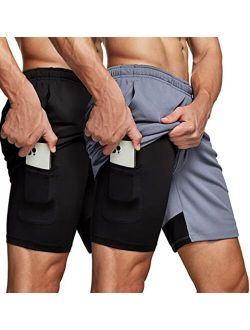 2 Pack Men's 2 in 1 Running Shorts, Quick Dry Mesh Athletic Shorts, Gym Training Workout Inner Shorts with Pocket