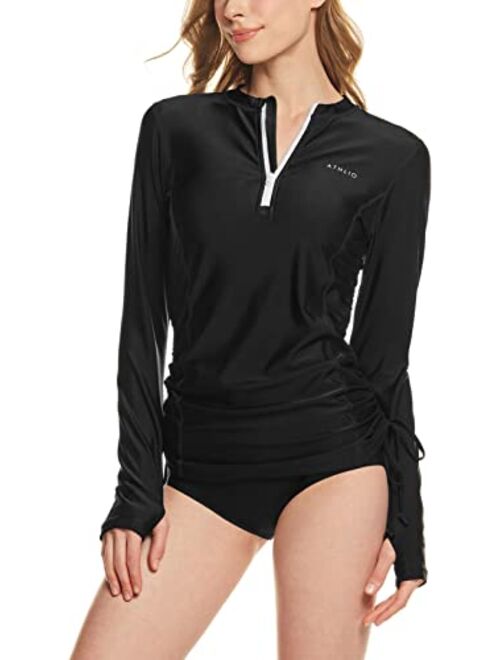 ATHLIO Women's Half-Zip Front Rash Guard, UPF 50+ Side Adjustable Long Sleeve Swim Shirts, UV/Sun Protection Swimsuit Top