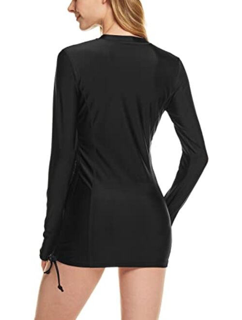 ATHLIO Women's Half-Zip Front Rash Guard, UPF 50+ Side Adjustable Long Sleeve Swim Shirts, UV/Sun Protection Swimsuit Top