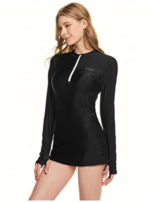 ATHLIO Women's Half-Zip Front Rash Guard, UPF 50+ Side Adjustable Long Sleeve Swim Shirts, UV/Sun Protection Swimsuit Top