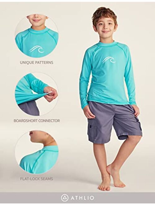 ATHLIO Boys' Long Sleeve Rash Guard Swimsuit, UV/SPF Water Beach Surf Swim Shirts, UPF 50+ Sun Protection Swimwear Top