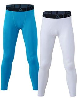 2 Pack Boy's UPF 50  Compression Pants Baselayer, Cool Dry Active Running Tights, 4-Way Stretch Workout Leggings