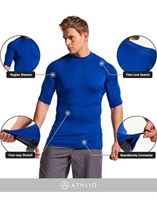 ATHLIO Men's UPF 50+ Rash Guard, UV/SPF Short Sleeve Swim Shirt, Active Water Beach Surf Swimsuit Top