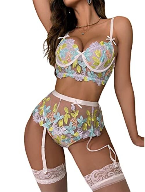 WDIRARA Women's 4 Piece Embroideried Mesh Underwire Garter Lingerie Set with Stockings