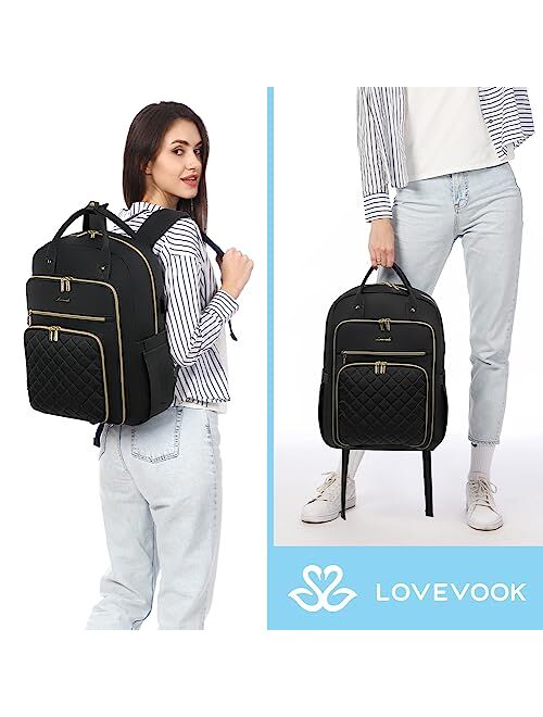 LOVEVOOK Laptop Backpack for Women, Large Capacity Travel Work Backpacks Purse, Stylish Quilted Water Resistant Nurse Teacher Computer Bag with USB Port, Fits 15.6 Inch L