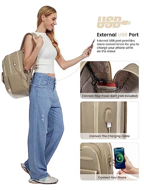 LOVEVOOK Laptop Backpack for Women,15.6 Inch Fashion Travel Backpack,Large Capacity Backpack Purse with USB,Water-resistant fits College Work Business Travel Beige