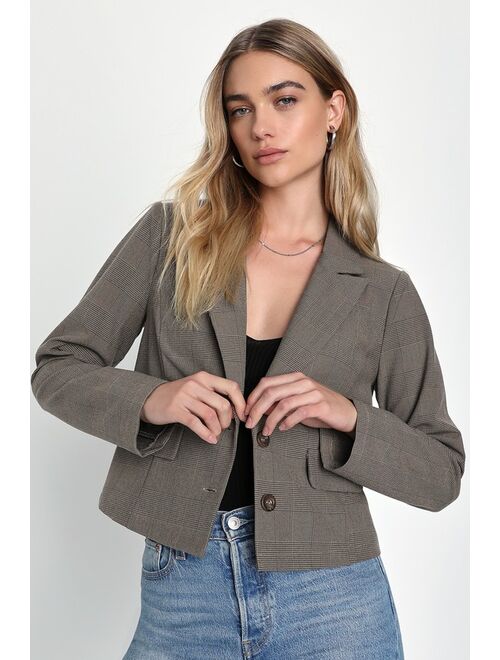 Lulus Officially Impressive Brown Plaid Cropped Blazer