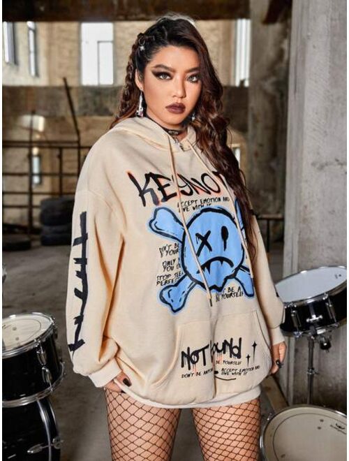 Shein ROMWE PUNK Plus Cartoon & Letter Graphic Drop Shoulder Drawstring Hoodie