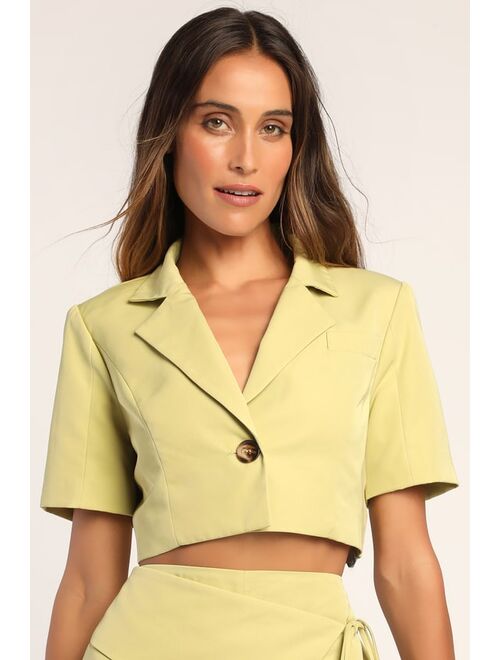Lulus Boardroom Babe Lime Green Short Sleeve Cropped Blazer