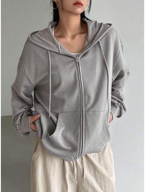 DAZY Zip Up Drop Shoulder Drawstring Hooded Sweatshirt