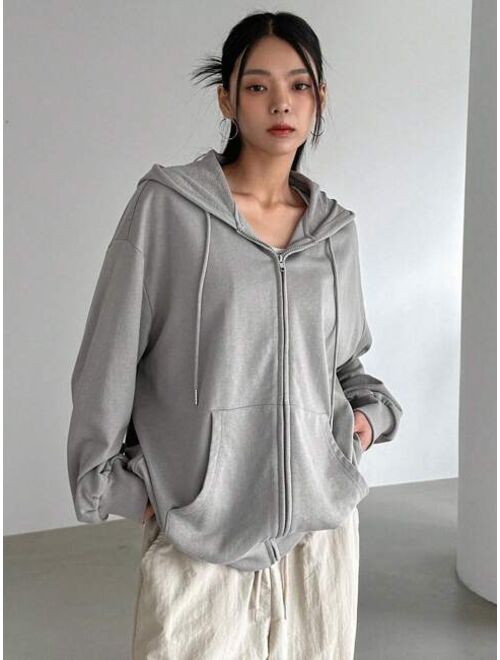 DAZY Zip Up Drop Shoulder Drawstring Hooded Sweatshirt