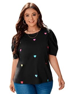 Women's Plus Size Heart Print Puff Short Sleeve Tee Summer T Shirt Top
