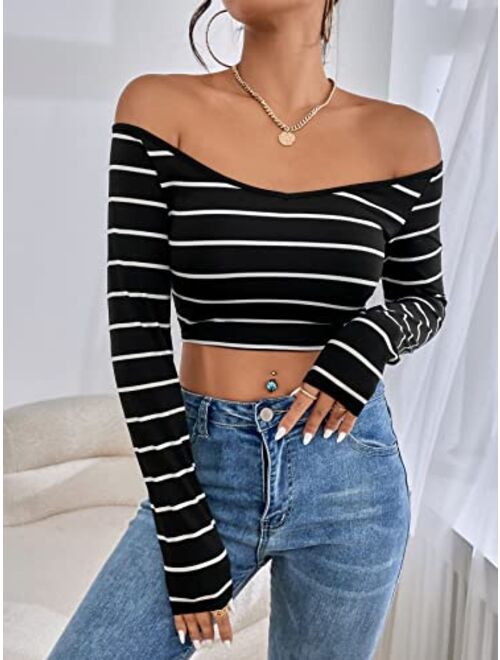 SOLY HUX Women's Y2k Striped Off Shoulder Crop Tops Long Sleeve Tee T Shirts