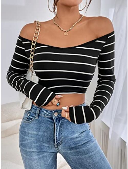 SOLY HUX Women's Y2k Striped Off Shoulder Crop Tops Long Sleeve Tee T Shirts