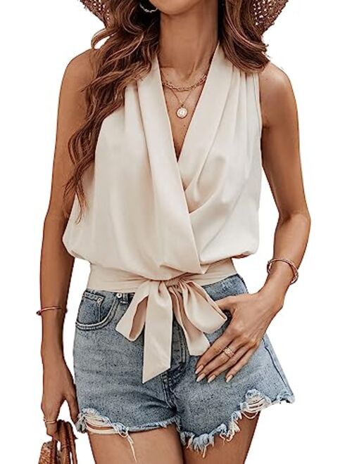 SOLY HUX Women's V Neck Wrap Tie Front Sleeveless Summer Blouse Top