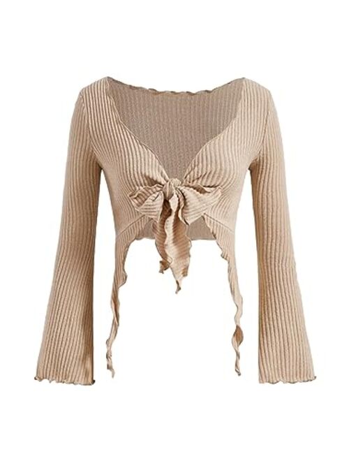 SOLY HUX Women's Long Bell Sleeve Crop Tops V Neck Tie Front T Shirts Sexy Asymmetrical Top Fitted Tees