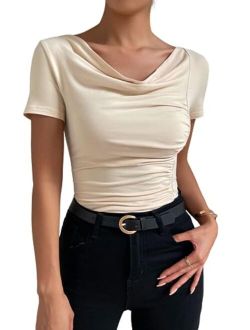 Women's Cowl Neck Ruched Short Sleeve T Shirt Summer Solid Tee Tops