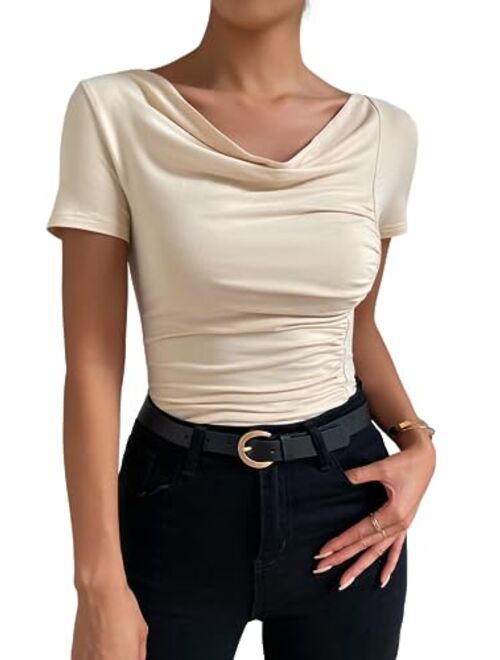 SOLY HUX Women's Cowl Neck Ruched Short Sleeve T Shirt Summer Solid Tee Tops