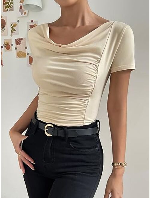 SOLY HUX Women's Cowl Neck Ruched Short Sleeve T Shirt Summer Solid Tee Tops