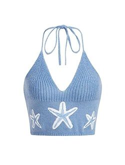 Women's Star Print Knit Y2K Crop Tops Deep V Neck Sleeveless Summer Halter Cami Top