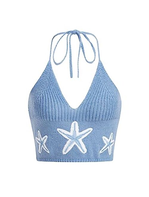 SOLY HUX Women's Star Print Knit Y2K Crop Tops Deep V Neck Sleeveless Summer Halter Cami Top