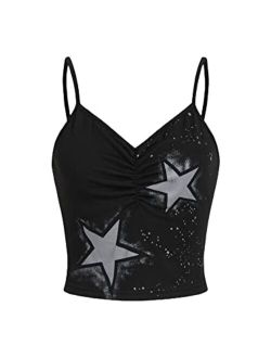 Women's V Neck Tank Tops Casual Spaghetti Strap Cami Star Print Summer Ruched Sleeveless Crop Tops