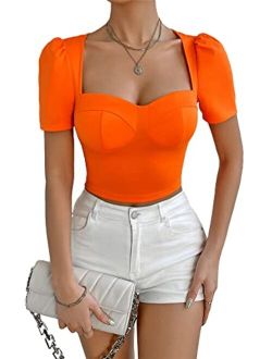 Women's Puff Short Sleeve Bustier Crop Tops Sweetheart Neck Slim Fit Summer Tee T Shirt