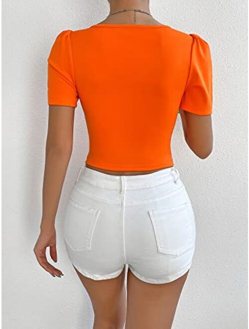 SOLY HUX Women's Puff Short Sleeve Bustier Crop Tops Sweetheart Neck Slim Fit Summer Tee T Shirt