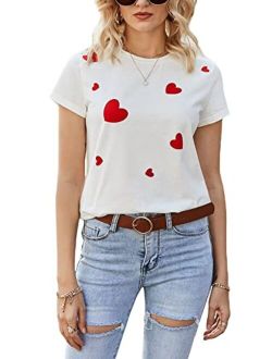 Women's Heart Print Short Sleeve T Shirts Round Neck Summer Tee Tops