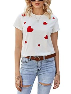 Women's Heart Print Short Sleeve T Shirts Round Neck Summer Tee Tops