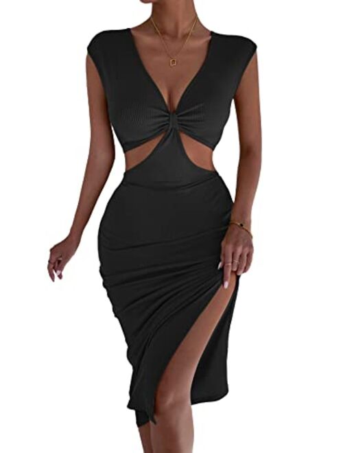 SOLY HUX Women's Sleeveless Deep V Neck Twist Front Cut Out Split Hem Bodycon Dress